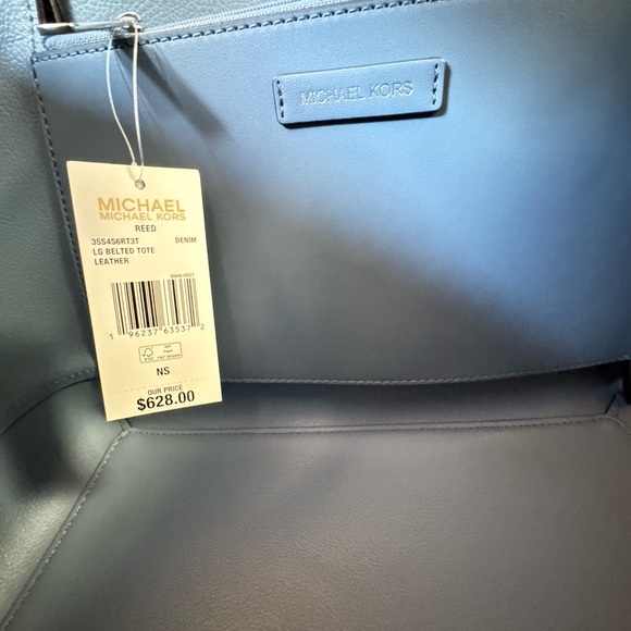 Michael Kors Reed Large Belted Shoulder Tote Leather Bag Denim Exotic Accents - Picture 10 of 15